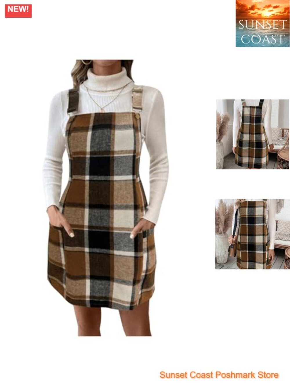 Women's Plaid Sleeveless Overall Dress Square Neck Pinafore Mini Dress